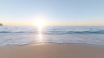 Fototapeta premium Peaceful sunrise over serene ocean waves and sandy beach, capturing natural beauty and tranquility.