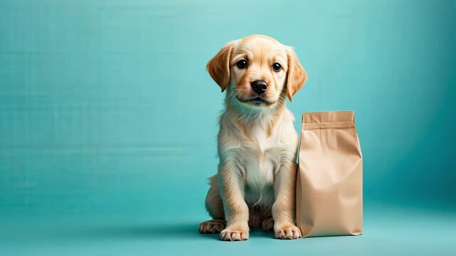 dog near paper bag. Selective focus