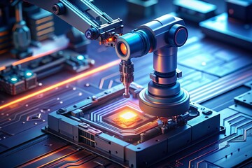 Fototapeta premium Automated Vision System Inspecting Electronic Circuit Board - Long Exposure Stock Photo
