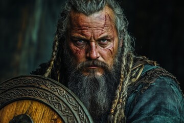 Fototapeta premium Warrior with braided hair and a shield showcases fierce determination in a dramatic portrait