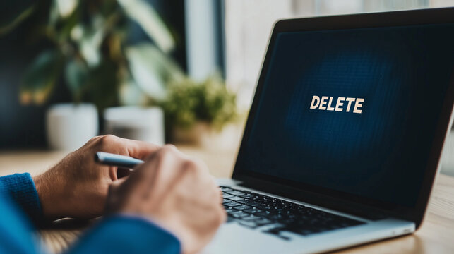 Digital Erasure: A close-up of a person using a laptop with a clear "DELETE" instruction. This evokes a sense of modern work culture, digital efficiency, and problem-solving. 