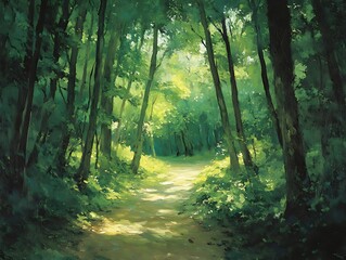 Fototapeta premium Forest path, bright, sunlight through trees. Green