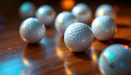 A set of premium golf balls with golden logos, displayed on a wooden surface with soft lighting, exuding luxury and precision for the discerning golfer.
