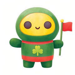 St. Patricks day and Astronaut concept Cheerful green character holding a red flag, wearing a clover emblem.