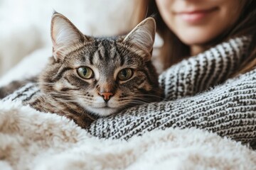 Naklejka premium Cozy moment shared between a person and their striped cat on a soft blanket