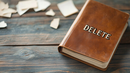 Delete Button: A brown leather-bound book with the word "DELETE" imprinted on its cover, amidst scattered pieces of vintage photographs, symbolizing the act of erasure and memory loss.