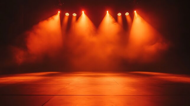An empty stage glowing under orange spotlights, with haze adding depth to the scene.