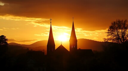 Obraz premium Silhouetted church steeples rising above a village as the sun sets behind rolling hills.