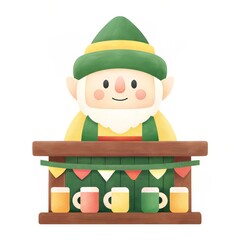 Naklejka premium St. Patricks day and Gnomes concept Cheerful elf bartender with colorful mugs and festive decorations.