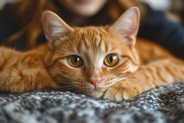 Orange tabby cat lounges comfortably on a cozy blanket near a person during a relaxed indoor afternoon