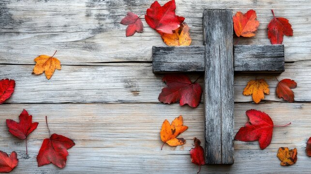 A weathered wooden cross, its surface adorned with the fiery hues of autumn leaves, stands majestically against a backdrop of light wood, inviting contemplation and copy space for your message.