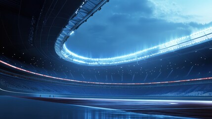 Fototapeta premium Stadium Lights: A dynamic shot of a modern stadium, bathed in the cool glow of the electric lights, the architectural structure of the stadium highlighted.