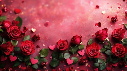 A vibrant Valentine is Day concept unfolds, featuring a cascade of red roses and hearts, intertwined with delicate floral accessories. A sense of love and celebration radiates from the scene, leaving