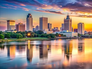 Naklejka premium Baton Rouge Downtown Skyline Sunrise Mississippi River Low Light Scenic View Louisiana