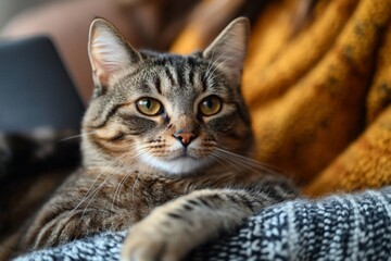 Naklejka premium Cat lounging comfortably on a person's lap while enjoying cozy indoor warmth during a quiet afternoon
