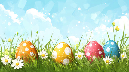 Brightly colored Easter eggs resting on fresh green grass under a clear blue sky, symbolizing festive joy. Easter card. Banner. Copy space.