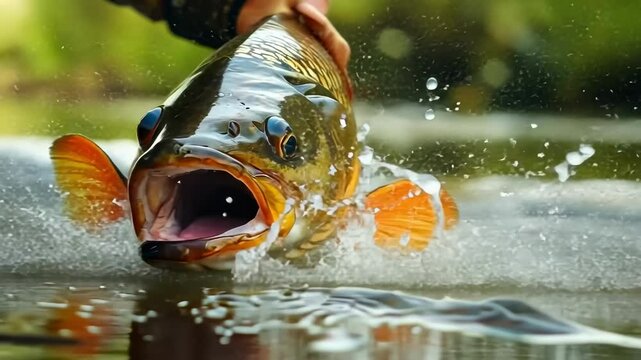 Close-up of river fish in hands. Selective focus