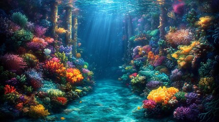 Vibrant coral reef glows with underwater sunlight creating a serene seascape. AI Generated