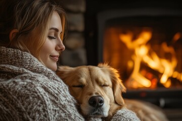 Cozy evening with a dog by the fireplace in a warm and inviting living room