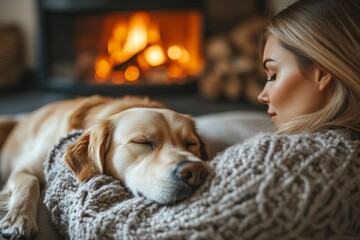 Cozy evening by the fireplace with a woman and her dog in a warm living room setting