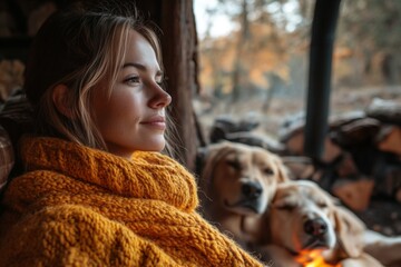 Fototapeta na wymiar Cozy woman relaxes by the fire with two golden retrievers in a rustic cabin during autumn