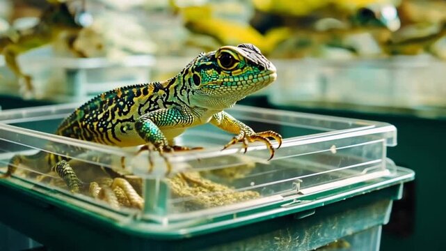 Colorful lizard in plastic terrarium, exotic pet shop, many lizards in the background. Possible use stock photo for pet supplies