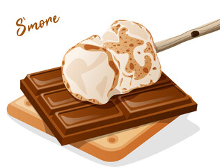 Graham Cracker with Chocolate Bar and Toasted Marshmallow with Stick on Top. S`more Detailed Illustration Isolated