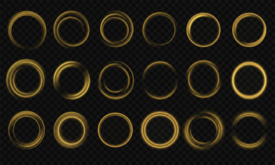 Luminous Golden Wave. Radiant curved gold light effect. Luxurious golden glow with sparkling flares. Glowing gold circle. PNG isolated collection of shimmering golden sparks and bright round lights.