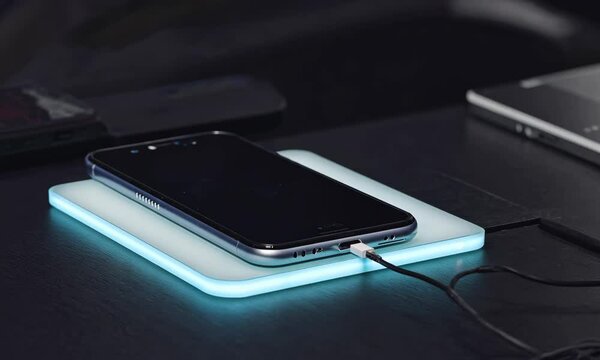 Wireless phone charging pad on dark desk