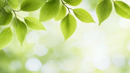 Naklejka premium Bright Green Leaves on Branch Against Softly Lit Background