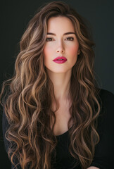 Fototapeta premium A photo of an attractive woman with long brown hair, wearing a black top and pink lipstick, posing for the camera with her hands in her curly hair