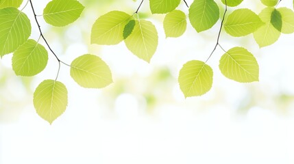 Bright Green Leaves on Branch Soft Light Background