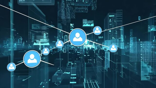 Abstract futuristic digital city with social network connections, linking multiple user icons in a cyber technology space