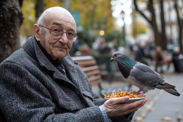Elderly man sitting on park bench feeding pigeon in autumn with fallen leaves surrounding them