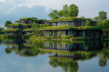 Fototapeta premium Modern Green houses on the bank of a lake in the park.