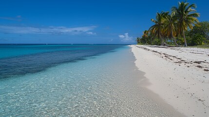 Fototapeta premium Tranquil Tropical Beach Scene with Crystal Clear Water and Palm Trees