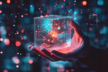 A person engaging with a cube hologram, holding it in their hands, with vibrant digital data projections and virtual interaction elements surrounding them.