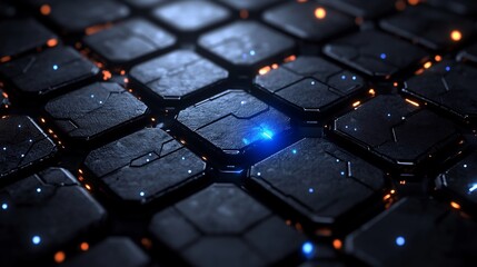 Dark futuristic grid glows subtly with blue light accents. AI Generated