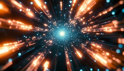 Abstract Futuristic Technology Background with Digital Data and Circuit Board Elements: High-Speed Motion Blur and Glowing Light Effects