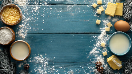 Easter baking ingredients arrangement with flour, sugar, milk, eggs, and coconut butter on a bright grey background. Ideal for pastry, bread, and cake preparation. Banner, Flat lay, top view,