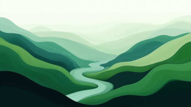 abstract background with natural landscapes and river views, lush green tones, calming and detailed, minimalist and scenic
