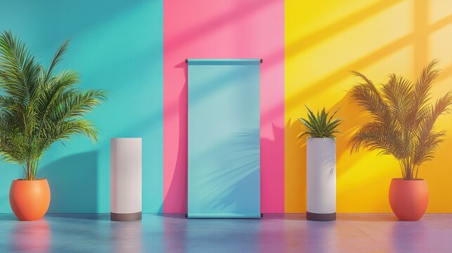 A vibrant mockup showcasing a sleek, eye-catching Standee Rollup Banner, its surface adorned with a minimalist design, ready to be customized with your brand is logo and message.
