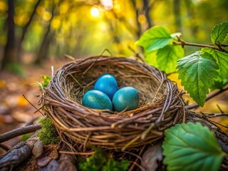 Fototapeta premium Blue and Yellow Bird Eggs in Nest - Spring Nature Stock Photo