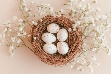 Fototapeta premium Small Bird's Nest With White and Speckled Eggs Surrounded by Delicate Babys Breath on a Natural Beige Surface