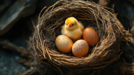 Fototapeta premium Nest with Easter eggs and a chick as natural rustic decor. Spring wallpaper and greeting banner. Top view, flat lay with copy space.