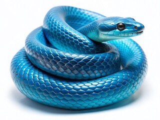 Fototapeta premium Blue Glossy Snake, Curled, White Background - Stock Photo