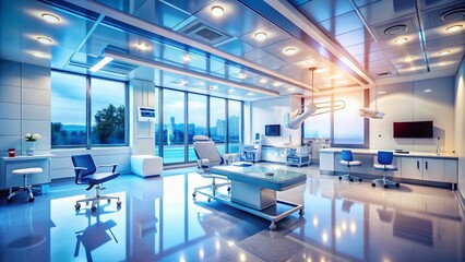 Obraz premium Blurred Blue & White Medical Office Interior - Drone Photography Stock Photo