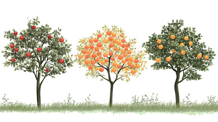 Fototapeta premium Digital illustration depicting four stylized fruit trees arranged horizontally against a white background. Each tree displays different colored fruit suggesting different seasons or types