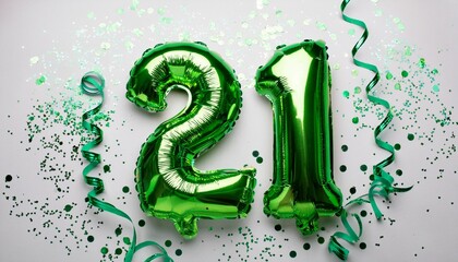 Green balloon number 21 for twenty-first birthday or anniversary party. White background with confetti