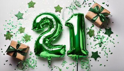 Green balloon number 21 for twenty-first birthday or anniversary party. White background with confetti
